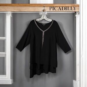 Picadilly, Chic Black Tunic With Rhinestone Detail, Large
